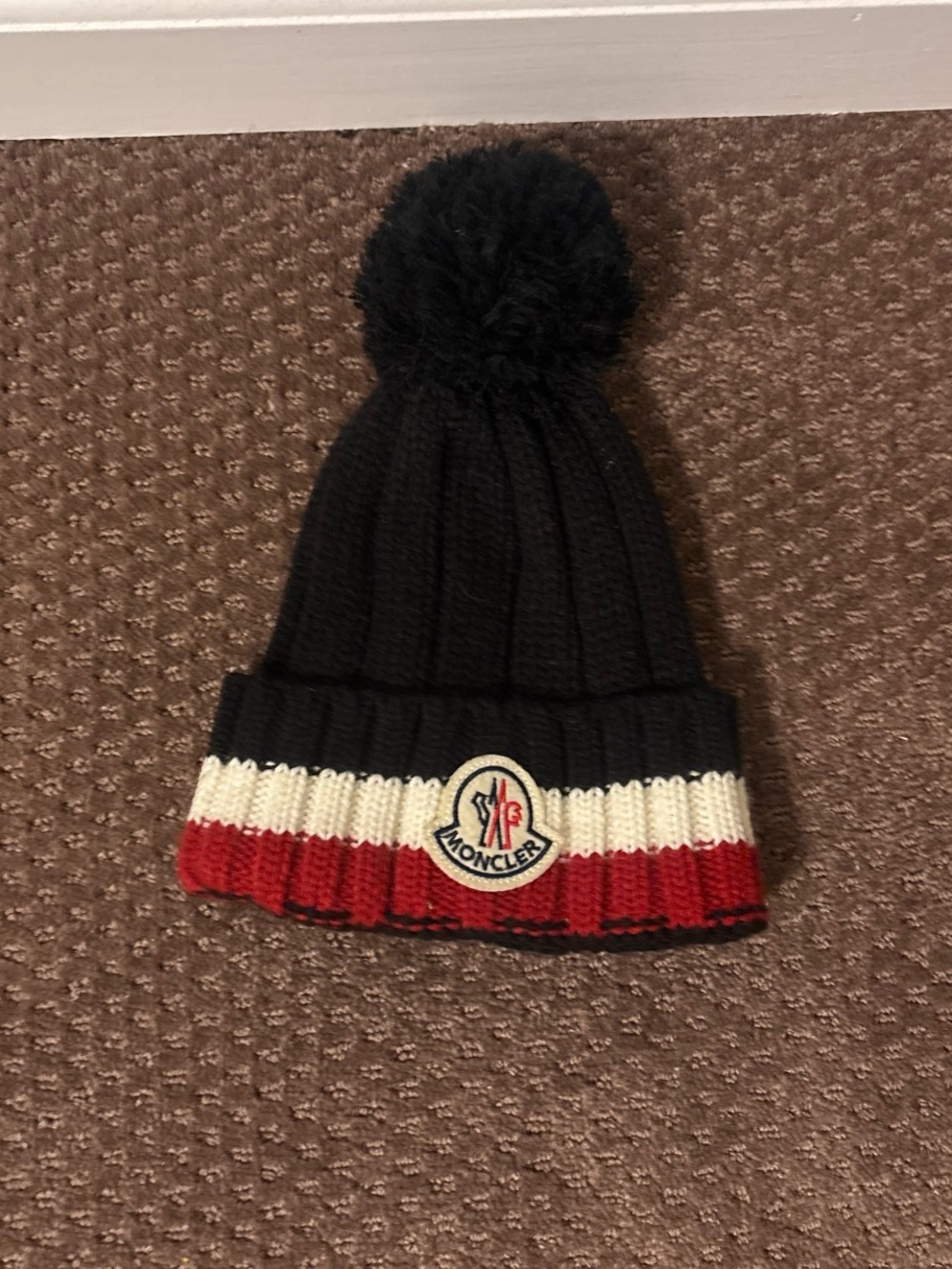Moncler Black Beanie with Red and White Stripe & Pom